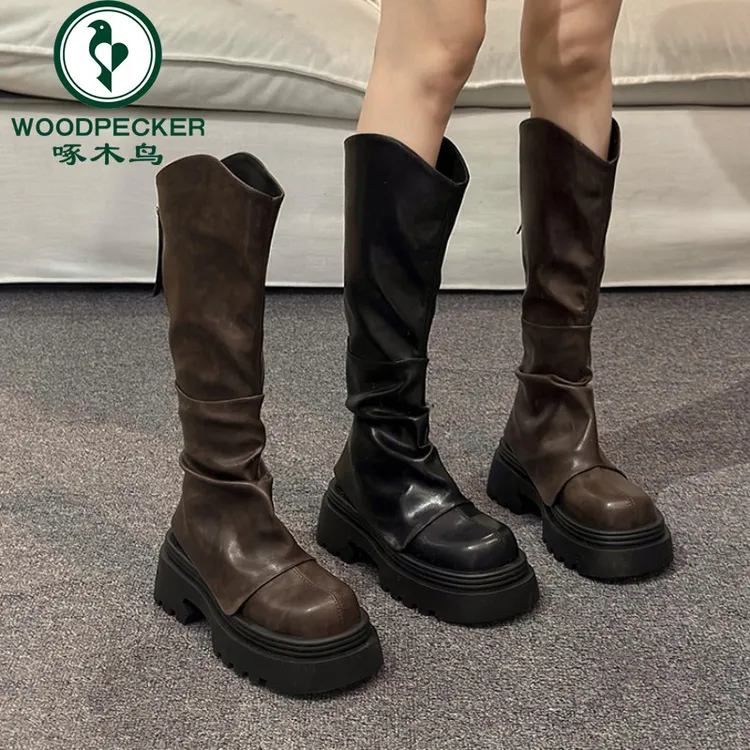 啄木鸟厚底长筒靴子女2024新款秋冬季显瘦高筒靴v口堆堆靴骑士靴