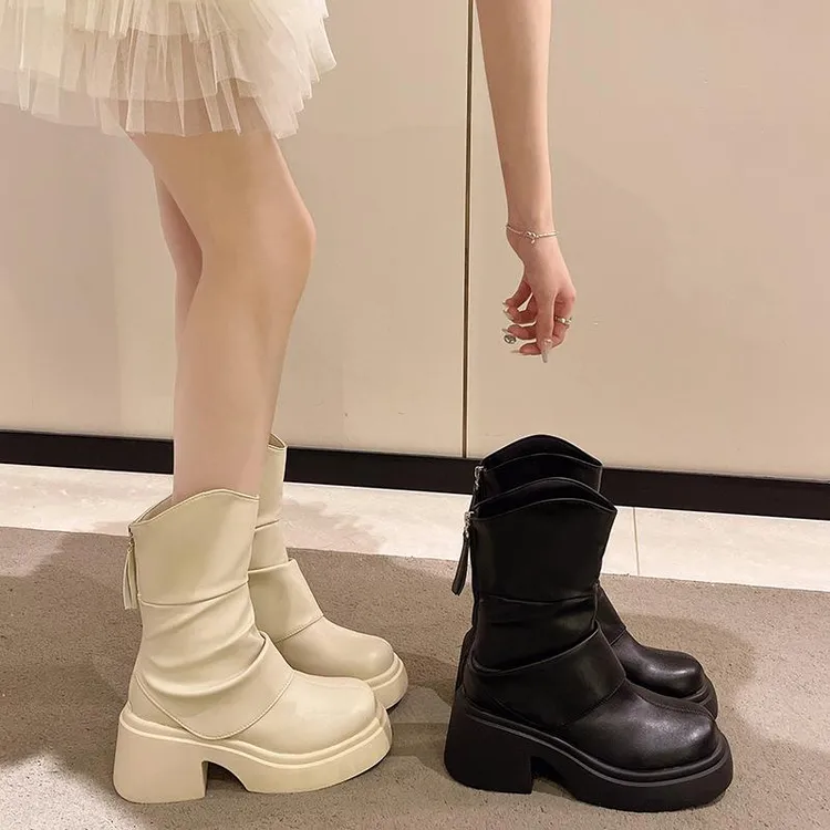 时装靴英伦风2024秋冬新款淑女粗跟厚底瘦瘦靴中筒靴子女显瘦女靴