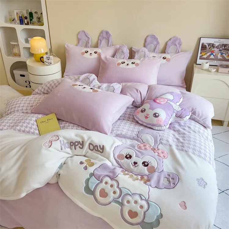 卡通牛奶绒贴布绣四件套双面法兰绒床品被套被罩床笠单双人秋冬季