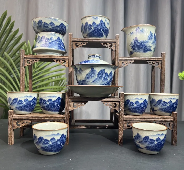 景德镇青花瓷山水千里江山盖碗套装茶杯10件套6个客杯功夫茶具
