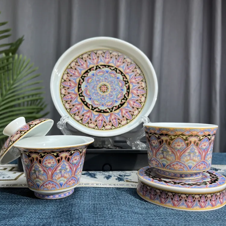 景德镇陶瓷珐琅彩釉上好事连连三才盖碗套装家用泡茶茶杯茶具茶碗
