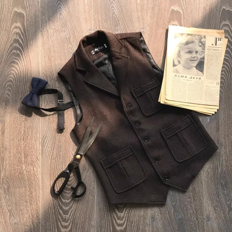 秋冬款浴血黑帮咖色面包口袋羊毛粗花呢人字纹复古马甲经典男马甲