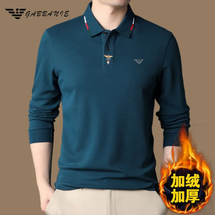 GABBANIE高档名牌男装加绒加厚男士长袖polo衫秋冬纯棉翻领打底衫