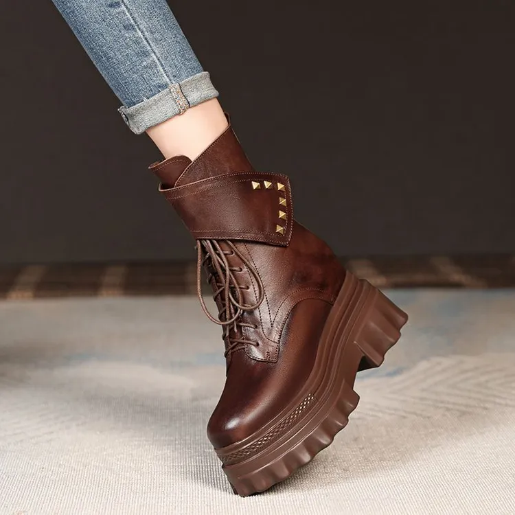 10cm内增高软皮平底超高跟马丁休闲百搭厚底网红款靴子秋冬玛丽珍