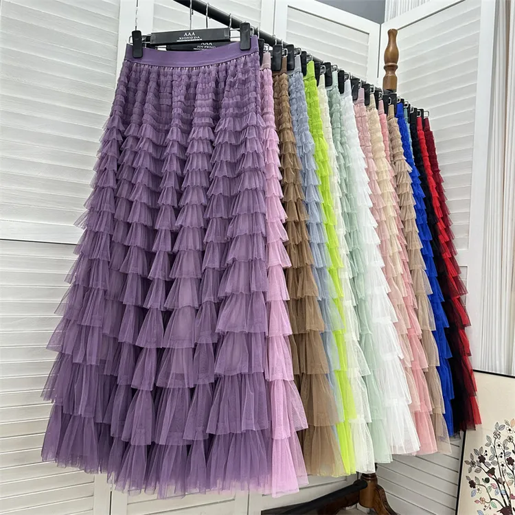 搭配皮衣外套超级好看的秋冬款显瘦高腰A型大摆网纱蛋糕多层长裙