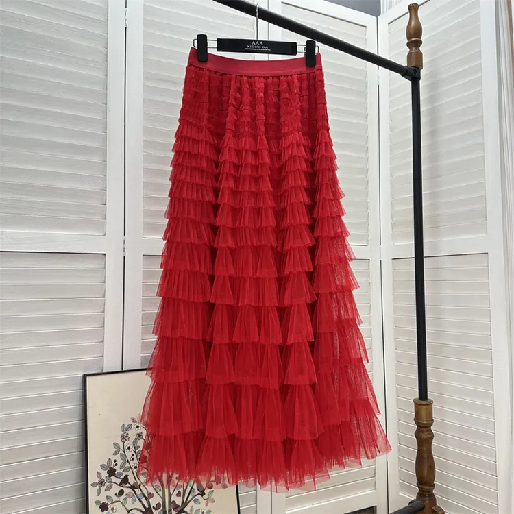 大红色纱裙仙女气质半身裙2024秋冬新款显瘦高腰型网纱蛋糕长裙子