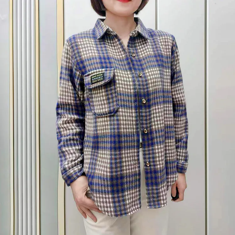 春秋时尚毛呢格子衬衫外套2024女式新款宽松大码百搭洋气妈妈妈装