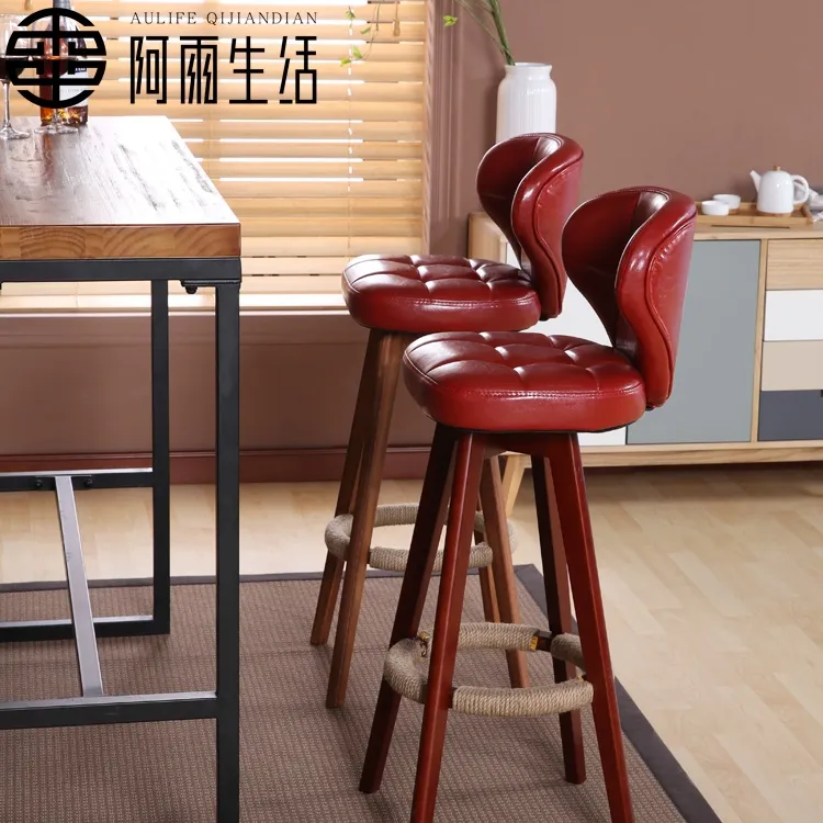 实木高脚凳旋转椅子家用餐吧台椅现代极简轻奢风格靠背收银酒吧椅