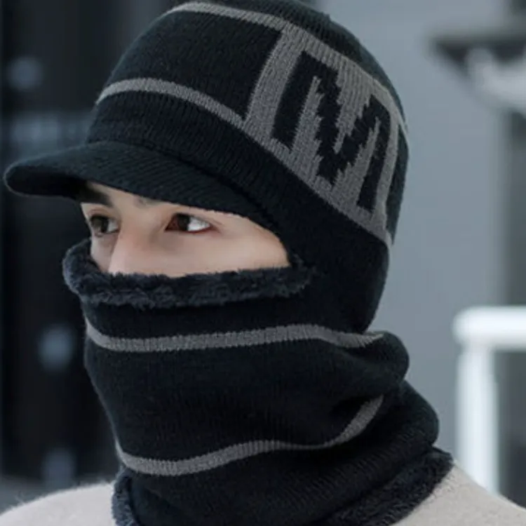 围脖帽子一体男款冬季骑车防寒男士连体2024毛线帽保暖帽子针织