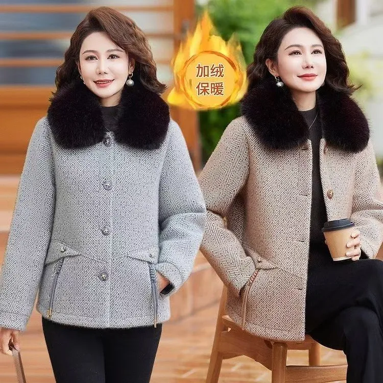 妈妈冬装水貂绒外套中老年女装加绒加厚棉服气质减龄短款毛呢大衣