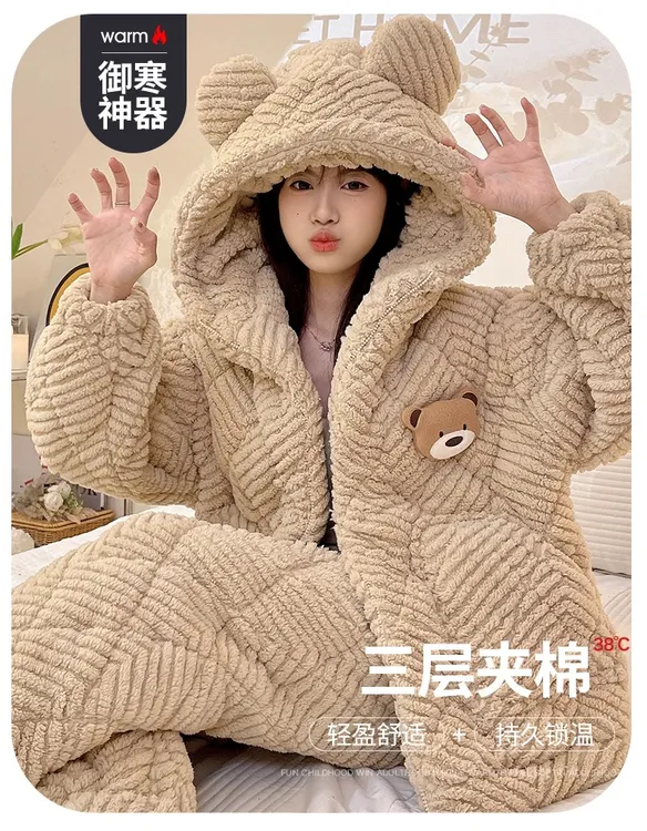 珊瑚绒睡衣女三层夹棉加绒加厚2024新款可爱可外穿保暖家居服套装
