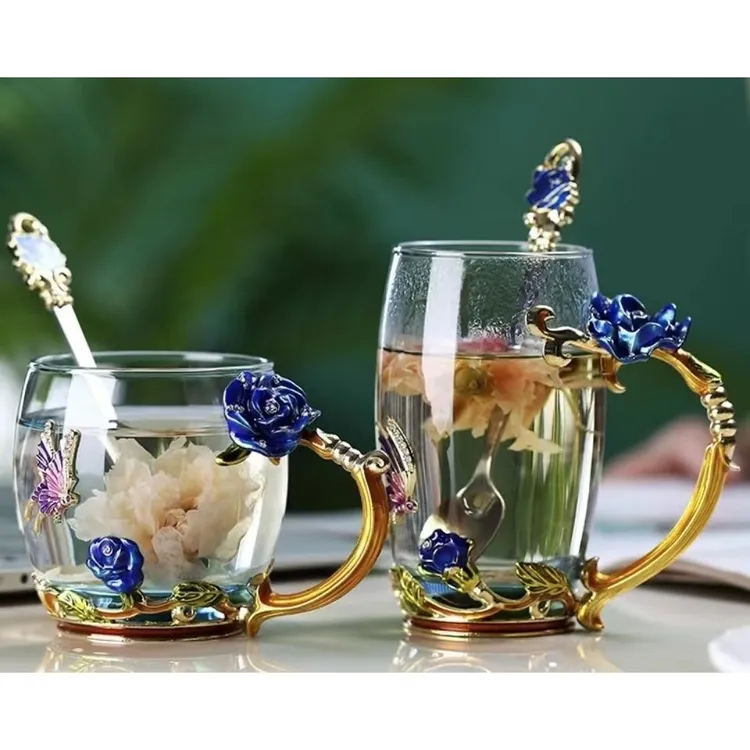 一高一矮珐琅彩创意水杯茶杯家用办公耐热花茶果汁杯