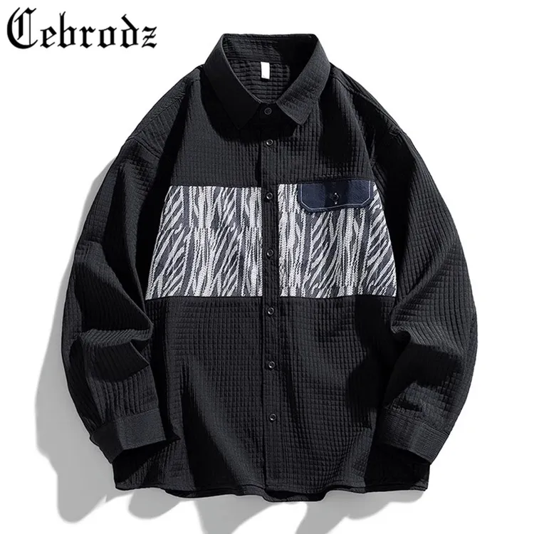 Cebrodz潮牌拼接撞色长袖衬衫男士秋季休闲痞帅潮流宽松衬衣外套