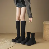 亏本清|34-39|4.0cm|秋冬圆头复古套筒显瘦厚底粗跟弹
