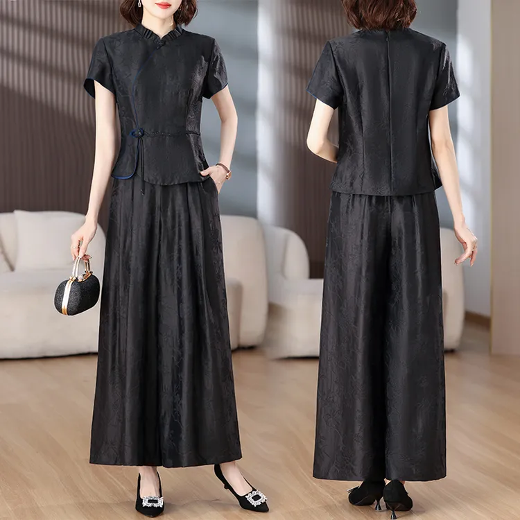 新中式香云纱桑蚕丝短袖上衣套装2025夏妈妈装黑色长款阔腿裤裙裤