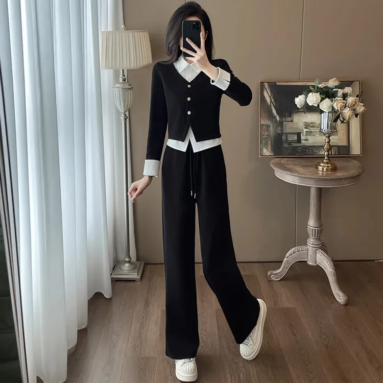 高含棉休闲套装女2025春秋季新款洋气减龄假两件上衣阔腿裤两件套