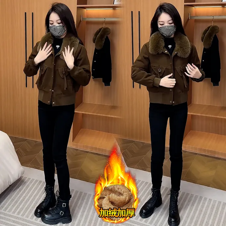 加绒加厚短外套女2024年冬季新款洋气大毛领保暖小个子短款上衣潮