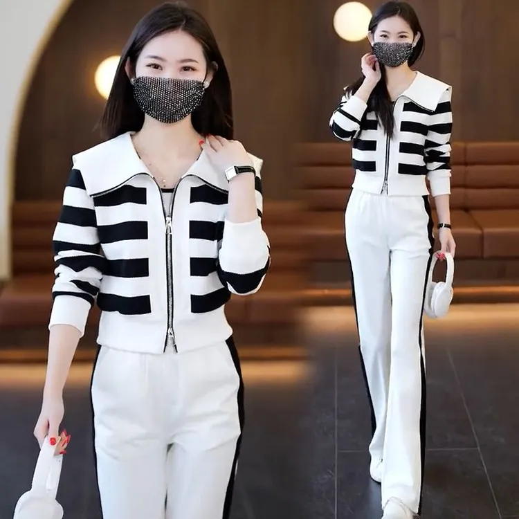 高含棉休闲运动服套装女2025年春秋季新款时尚开衫阔腿裤两件套