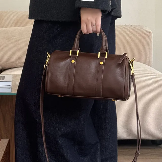 轻奢洋气波士顿包真皮美拉德复古手提包女包植鞣牛皮斜挎包单肩包