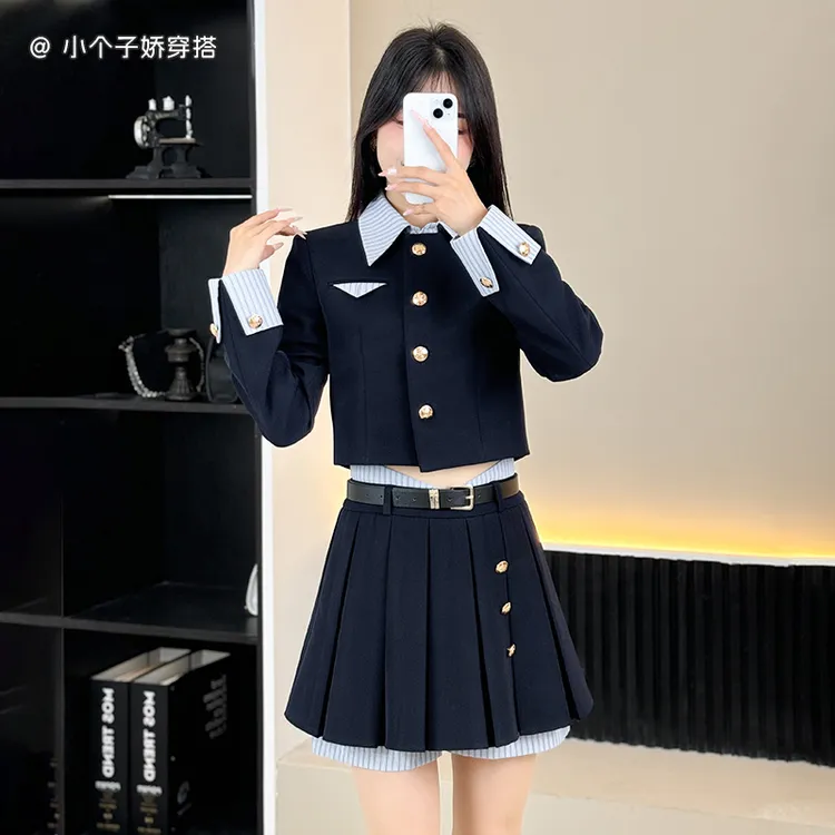学院风裙子西装套装春秋韩系chic甜辣裙别致上衣百褶裙三件套裙装