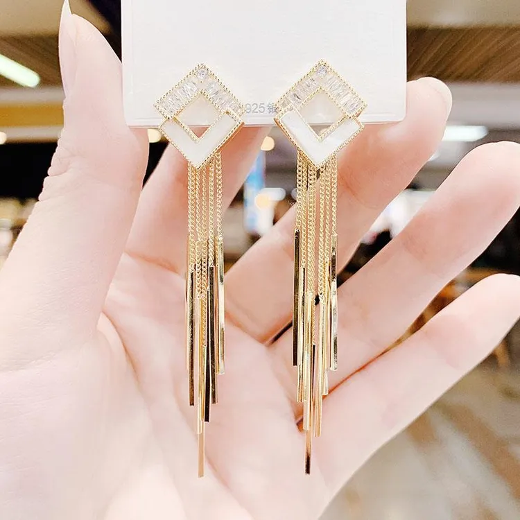925银耳饰 高级感几何方块锆石流苏耳环女韩国气质个性长版上档次