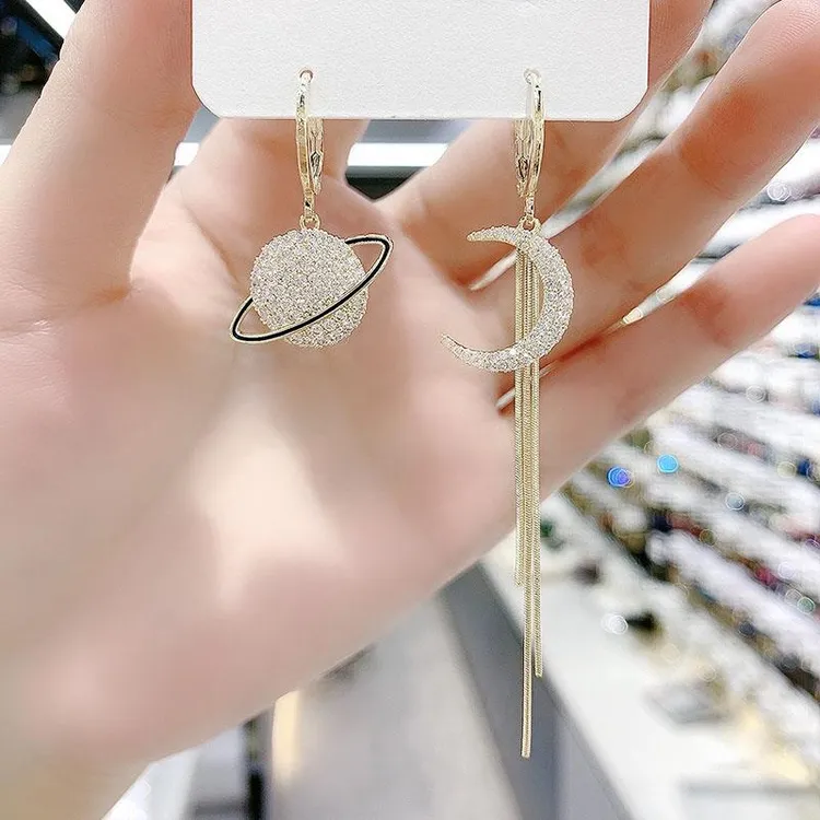 925银耳饰 不对称星球月亮耳环气质长款流苏银针耳钉高级感法式20