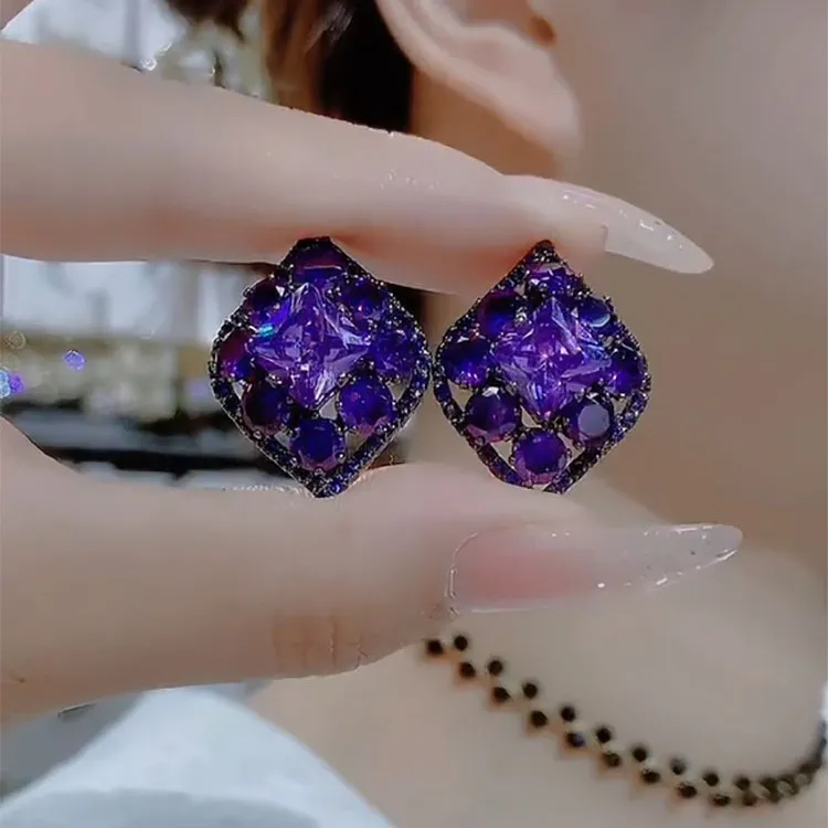 925银耳饰 微美防过敏日韩气质设计感微醺烟花紫锆石耳环女网红夸