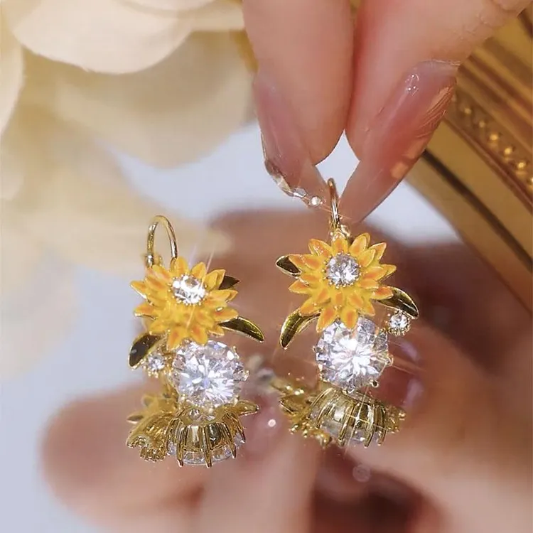925银耳饰 轻奢高级感超闪黄色向日葵花朵耳环上档次新款优雅耳坠