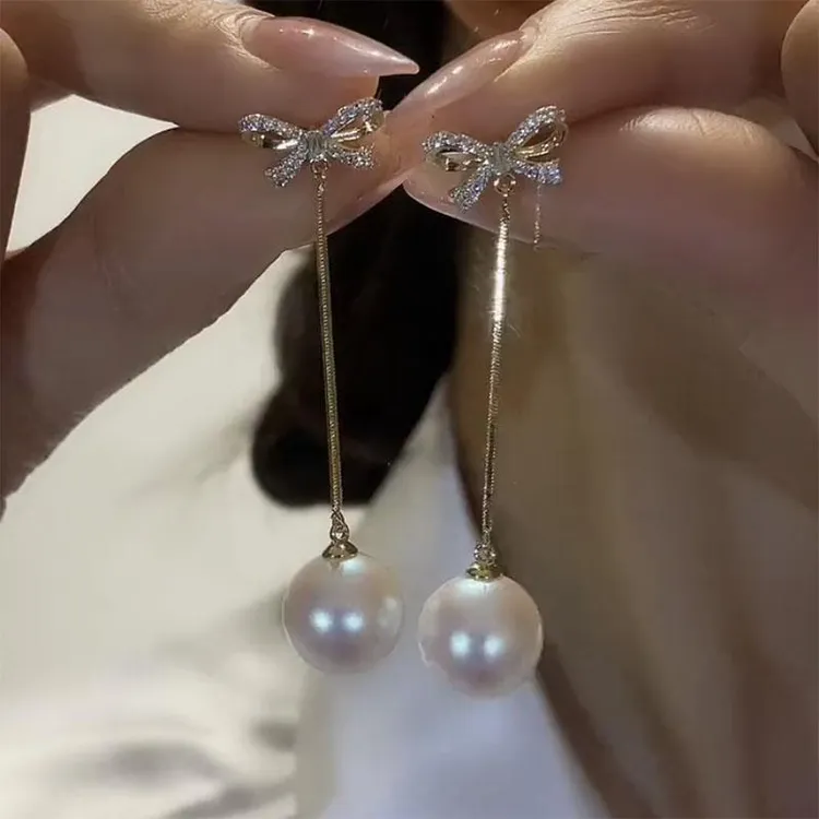 925银耳饰 色蝴蝶结耳环轻奢高级感仿珍珠流苏耳坠小众设计长款耳