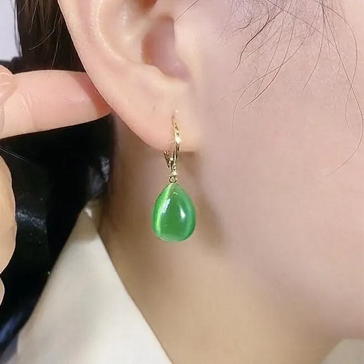 925银耳饰 绿色水滴双面猫眼石耳环2024新款潮气质简约耳扣小众设