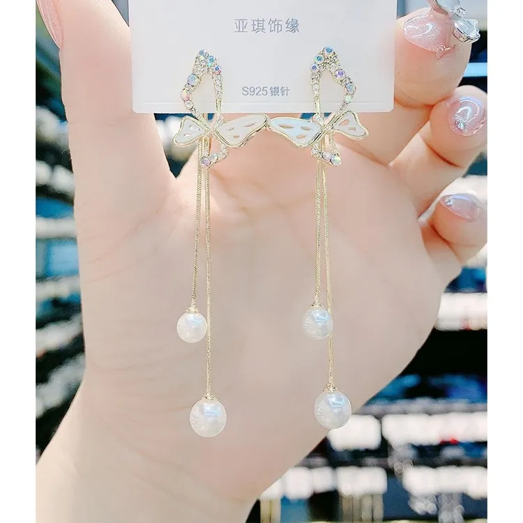 925银耳饰 韩长款气质蝴蝶流苏耳环女两戴时尚百搭s925银针显脸瘦