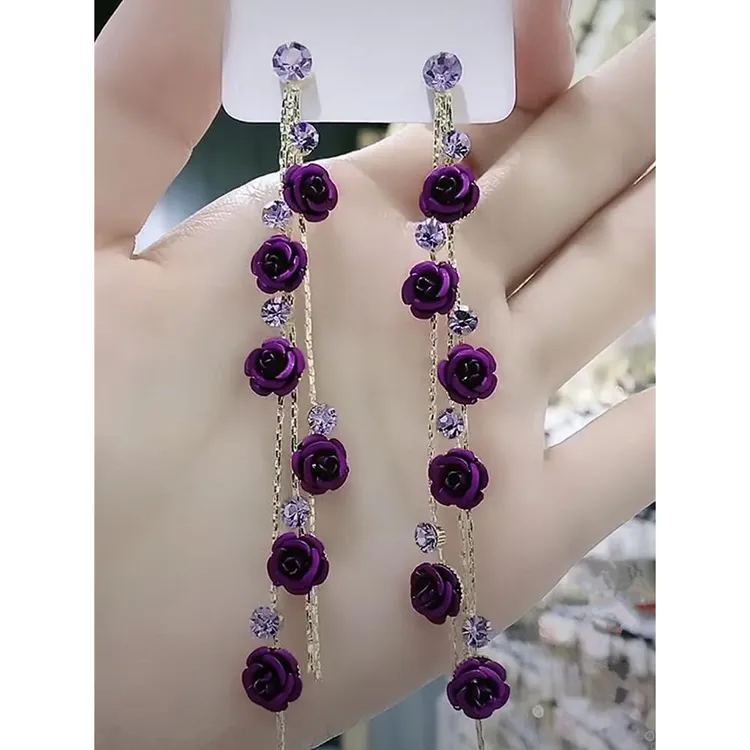 925银耳饰 韩国s925银针耳钉长款气质玫瑰花流苏耳环时尚花朵耳坠