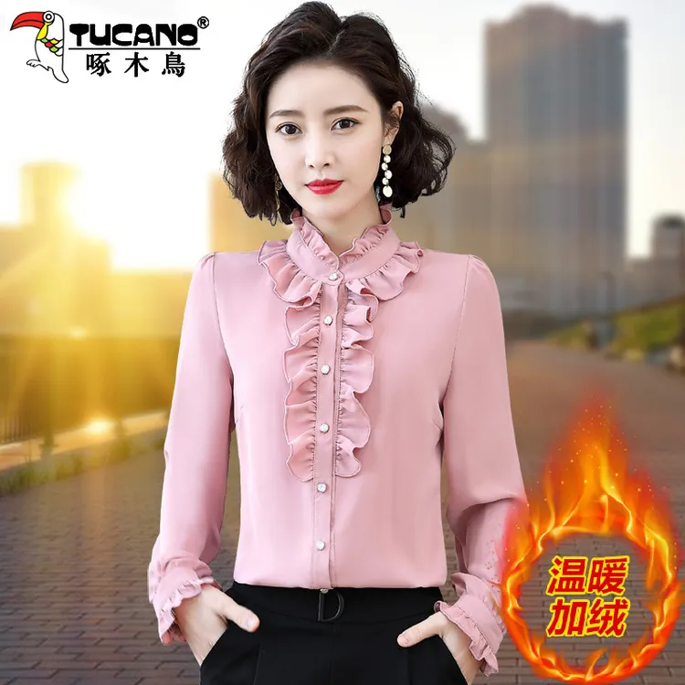 【官方】啄木鸟荷叶边雪纺衬衫女长袖春秋新款时尚百搭加绒打底衬衣