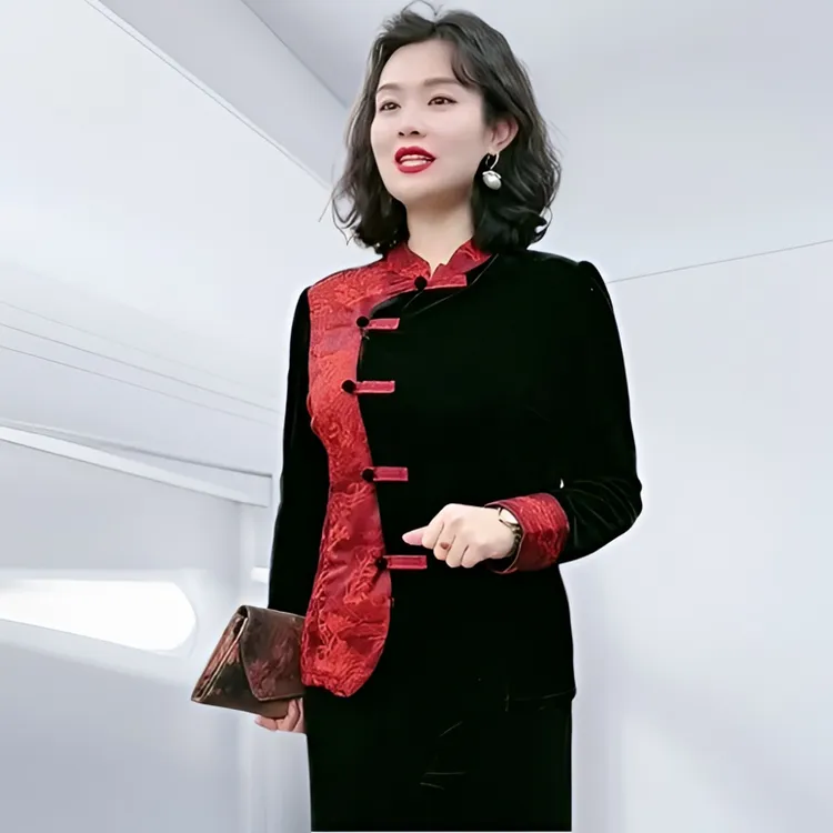 时尚丝绒春秋高档拼色盘扣国风新款洋气修身打底衫显瘦复古上衣女