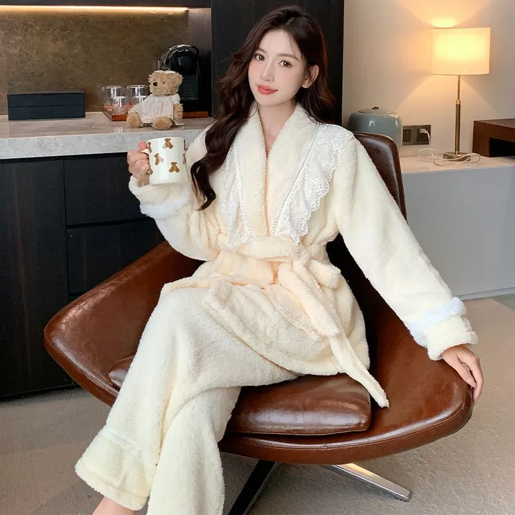 蕾丝宫廷风秋冬季加厚珊瑚绒睡衣女性感轻奢高级感系带保暖家居服
