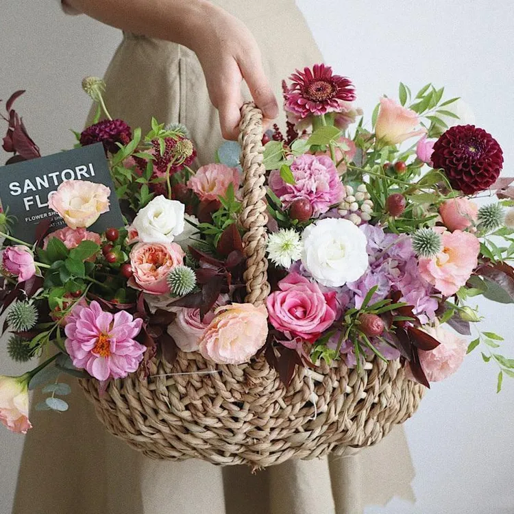 手提花艺花篮草编藤编柳编花篮子摆件手提客厅装饰插花束礼品包装