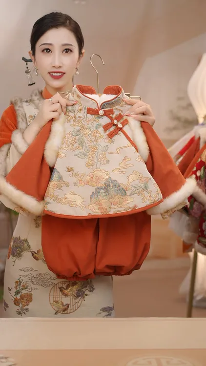 现货[玉兔]女童男童冬季加绒套装GF011加厚国风拜年服冬周岁礼服