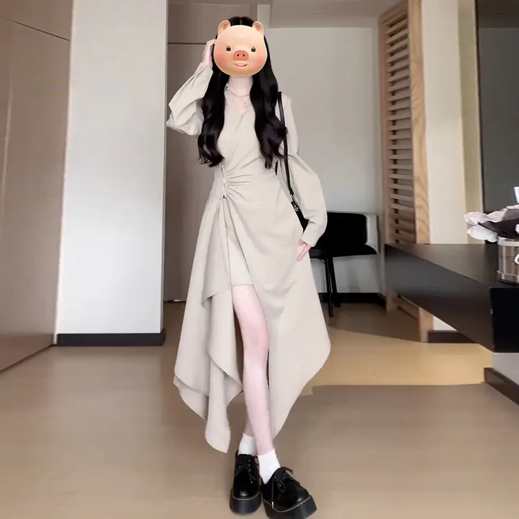 6282长袖法式连衣裙子女春秋季2024新款气质收腰不规则收腰长裙