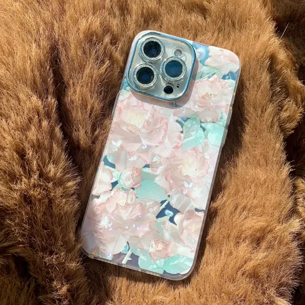 粉色刺绣花羽纱壳适用苹果15手机壳iphone14艺术软套13闪粉镜头12