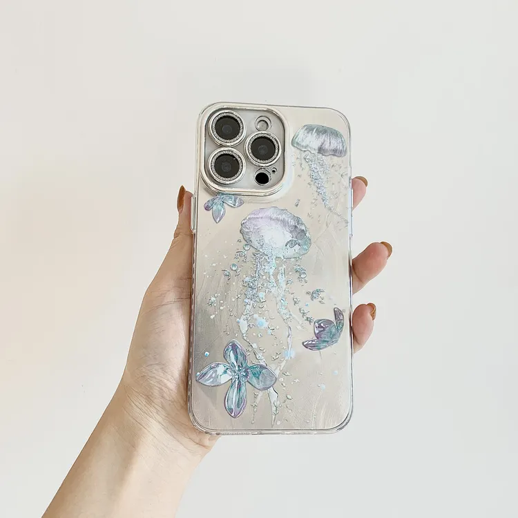 水母羽纱壳适用苹果15手机壳iphone14pro艺术软套13闪粉镜头12