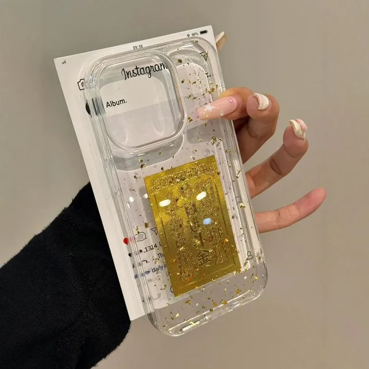 金箔滴胶日进斗金适用iPhone16promax新款iPhone15手机壳14透明13