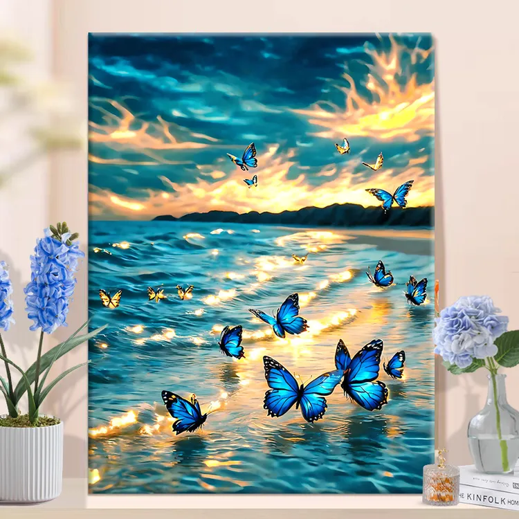 【梦幻蓝金碟】diy数字油画丙烯填充手绘蓝蝴蝶治愈减压油彩涂色画