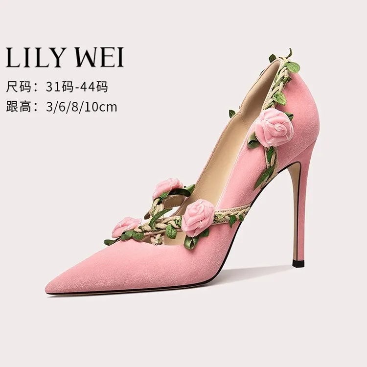 Lily Wei【花神】粉色仙女风高跟鞋花朵甜美婚鞋新娘鞋小码313233