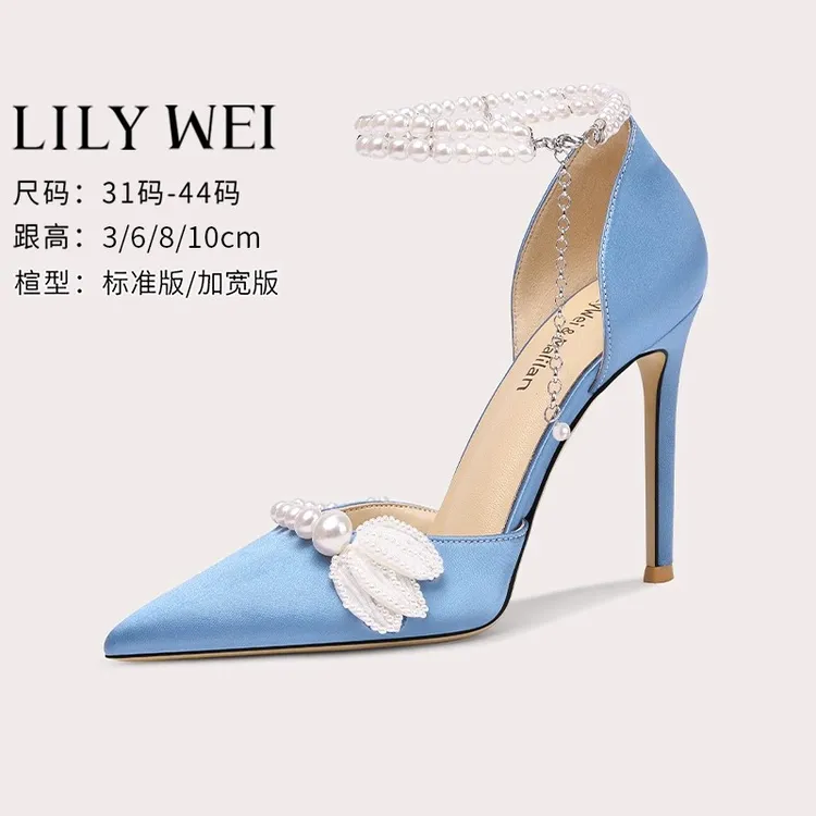 Lily Wei【蔚蓝】珍珠凉鞋女2025新款设计感小众高跟鞋小码313233