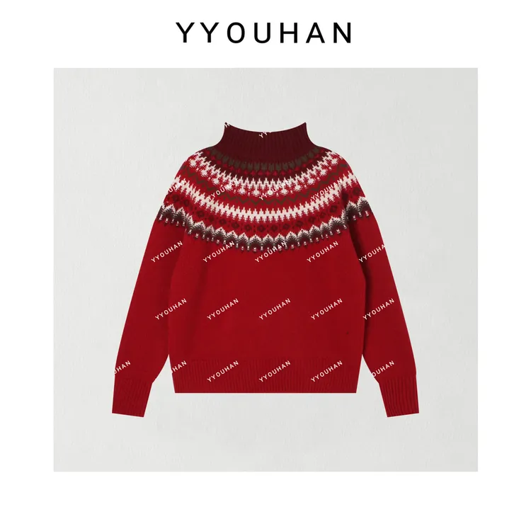 月月不吃鱼 小众设计极简风撞色休闲百搭立领圣诞毛衣 2412B5855