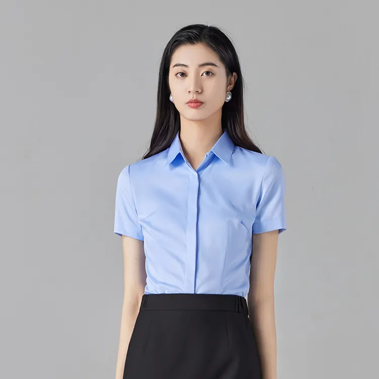 女士高端短袖收腰上班前台工作服工装正装职业装蓝色衬衣衬衫女款