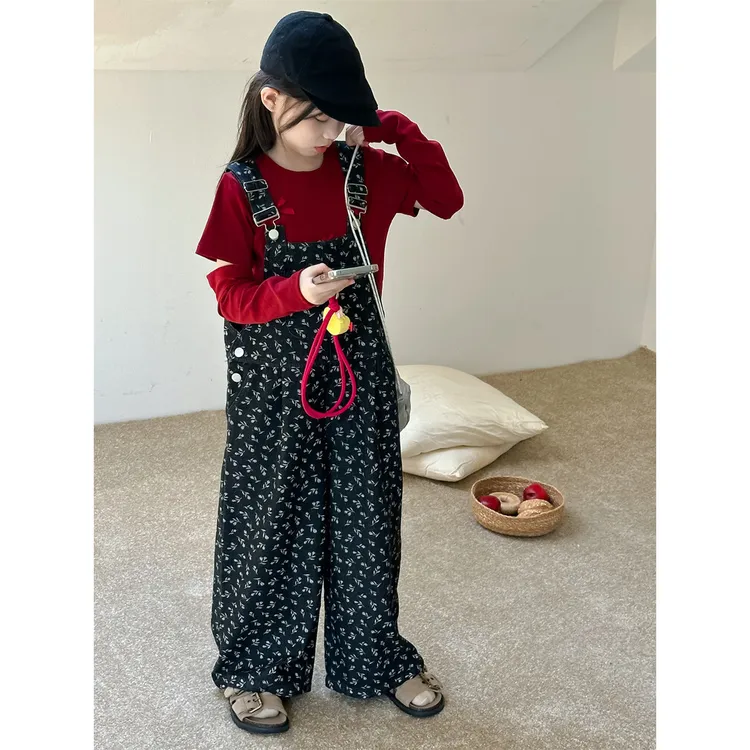 童装女童套装2024秋季新款网红复古洋气秋装时髦阔腿背带裤两件套