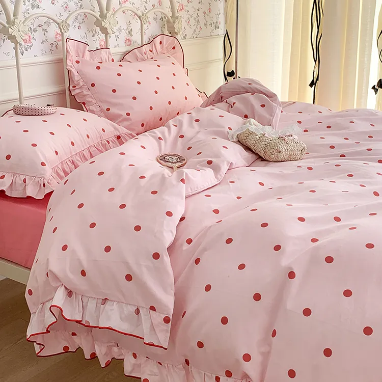 韩式少女心圆点全棉床上四件套纯棉床单被套床笠学生宿舍三件套夏