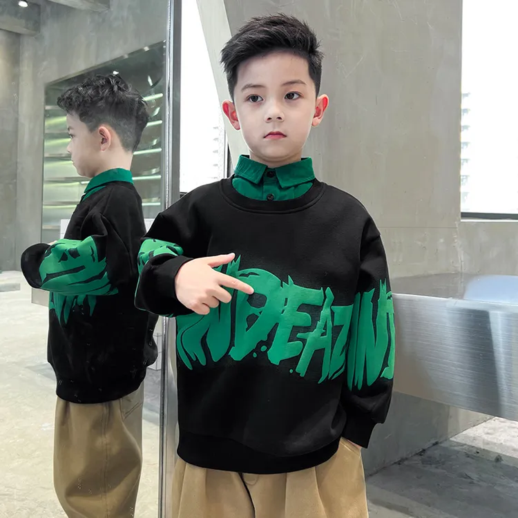 中班仔男童春秋卫衣2025休闲撞色假两件洋气韩版中大童潮流*38023