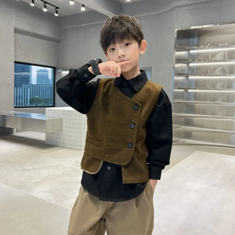 中班仔男童春季套装工装马甲外套外穿儿童三件套中大童春秋*35279